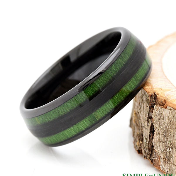 Black Tungsten Ring with Exotic Green Wood Inlay Wedding Band, Mens Wood Wedding Ring, Unique Promise Ring for Him, Wooden Ring for Men