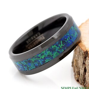 Black Tungsten Ring with Emerald Green Blue Opal Inlay, 8mm Tungsten Wedding Band, Engrave Anniversary Gift, Mens Womens Opal Ring, Gift