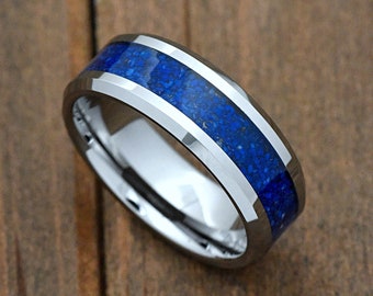 8mm Blue Lapis Lazuli Stone Inlay High Polished Tungsten Carbide Anniversary Ring Wedding Band Beveled Edge Comfort Fit Engraved Ring