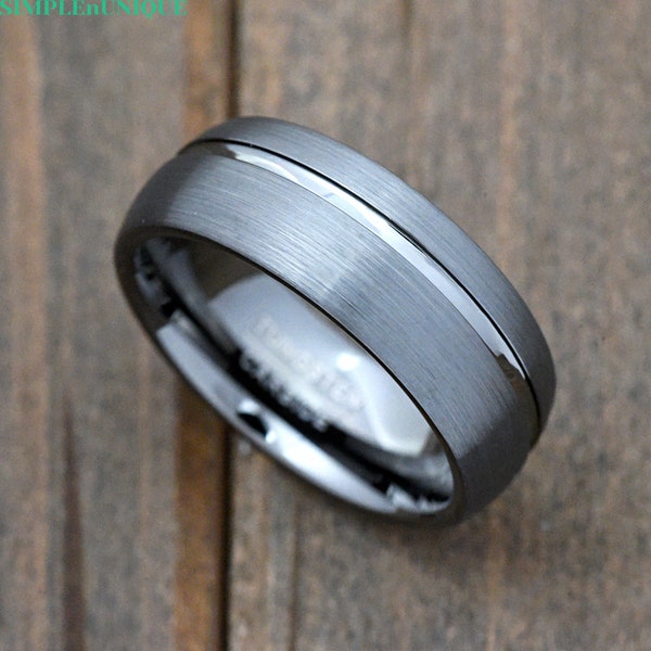 Brushed Matte Gunmetal Color Off Grooved Center Classic Style Dome Gray Tungsten Carbide Ring Wedding Band Engraved Jewelry Anniversary Ring