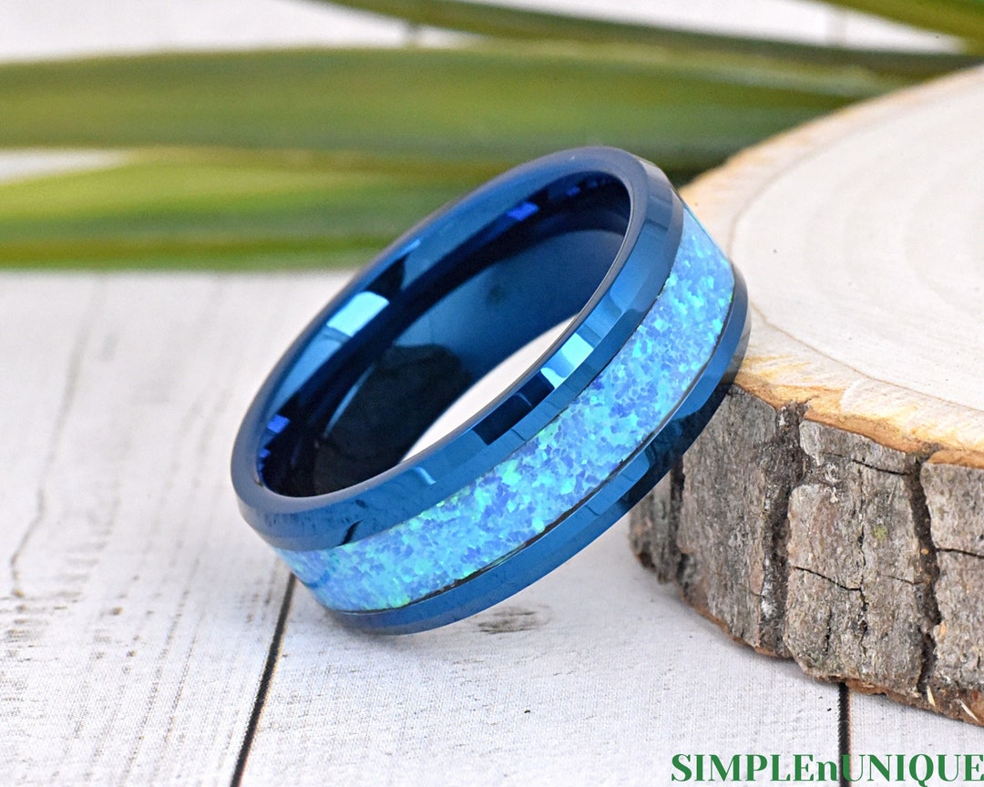 Blue Tungsten Opal Ring, Men's Tungsten Wedding Band, Men's Opal Ring