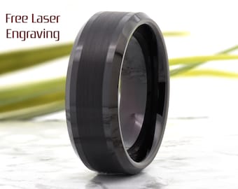 Black Tungsten Wedding Ring, 8mm Brushed Center Promise Ring, Tungsten Wedding Band Mens, Engagement Tungsten Carbide Anniversary Engraved