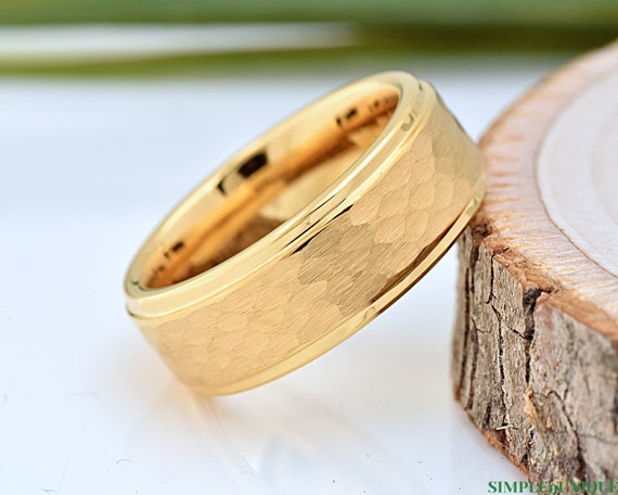 Hammered Gold Plated 8mm Tungsten Ring Mens Tungsten Carbide Ring Mens Tungsten Wedding Band 8mm Engraved Promise Ring Gold Ring Etsy