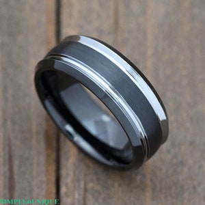 Brushed Center Steel Color Double Grooved 8mm Black Tungsten Carbide Wedding Ring Band, Unique Engagement Ring, Mens Promise Ring