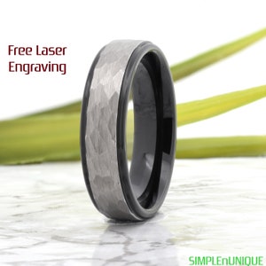 6mm Gunmetal Wedding Band, Hammered Mens Wedding Band, Personalized Wedding Ring Tungsten, Mens Ring, Mens Womens Band Black Gray Ring