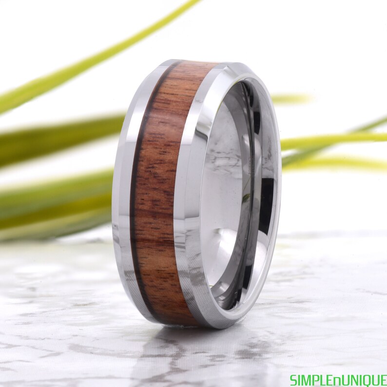 Mens Wedding Band Wood Mens Tungsten Promise Ring Engraved Mahogany Wood Inlay Mens Wood Wedding Band Wood Ring Mens Wedding Band Wood