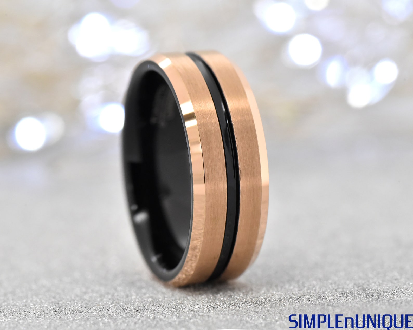 Mens Wedding Ring Black and Rose Gold Mens Tungsten Ring Etsy