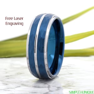Blue Tungsten Ring Trendy Mens Unique Engagement Hammered Tungsten Carbide Wedding Band Mens Promise Rings for Men Engraved Gift