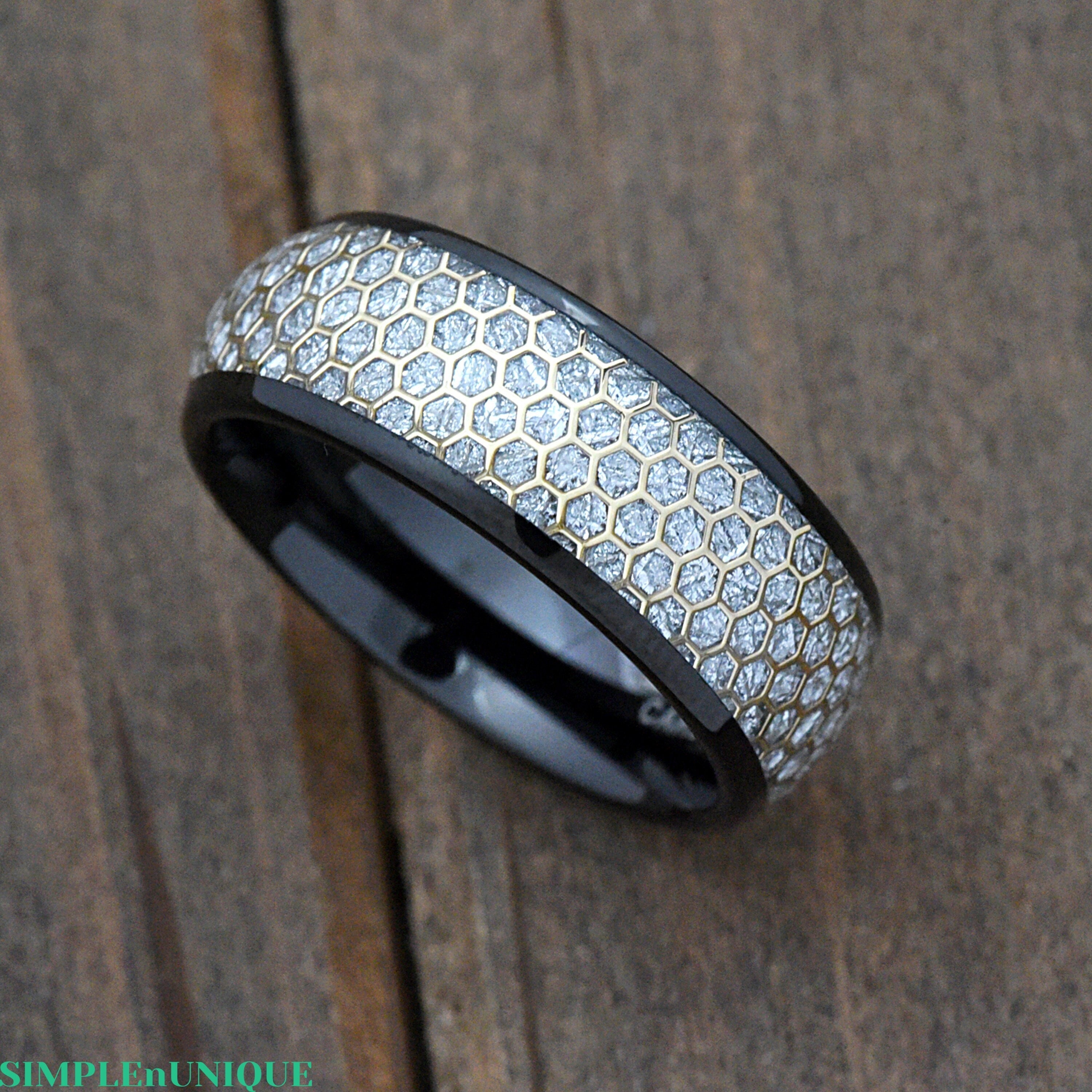 Simulated Meteorite with Honeycomb Pattern Inlay Unique Black Tungsten Carbide Ring Engraved Dome Wedding Band Comfort Fit Anniversary Gift
