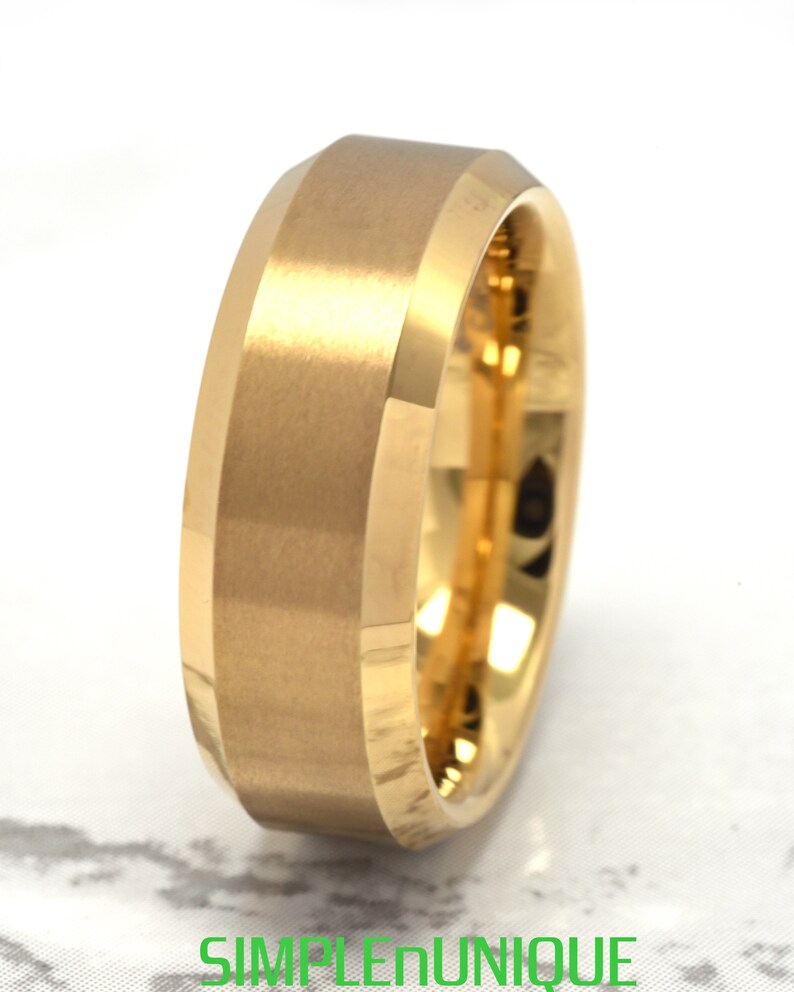 Mens Gold Wedding Band 8mm Gold Plated Tungsten Wedding Ring Men Personalized Custom Engraving Promise Ring Anniversary Ring Unique Gift