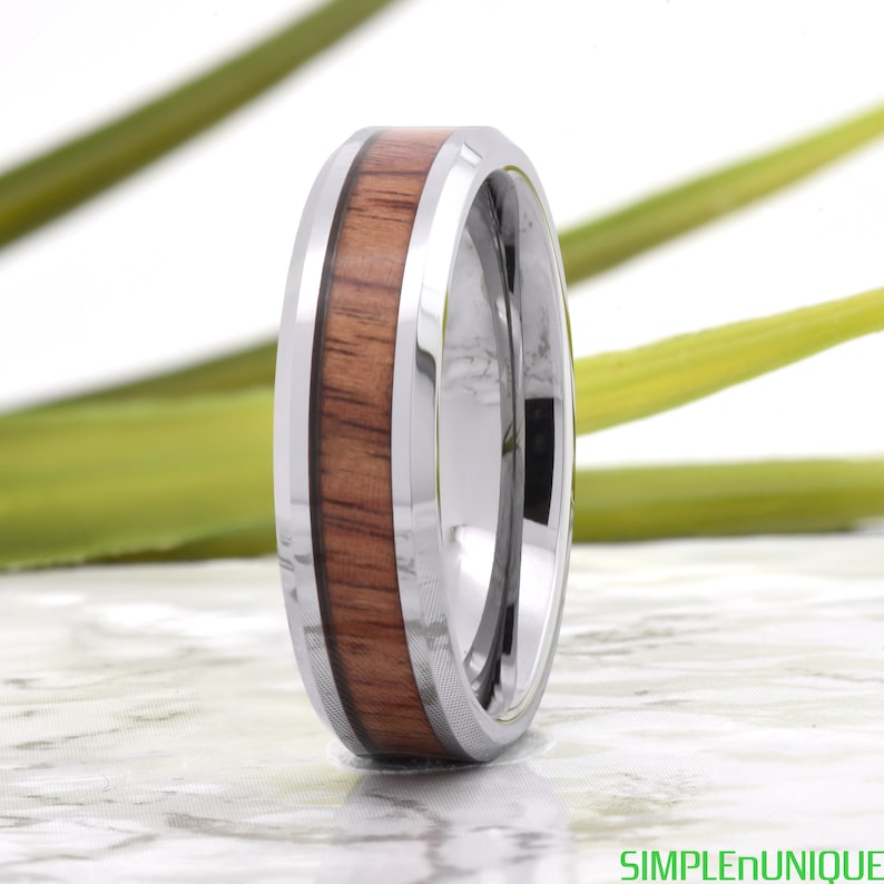 Mens Wedding Band Wood Mens Tungsten Promise Ring Engraved Mahogany Wood Inlay Mens Wood Wedding Band Wood Ring Mens Wedding Band Wood