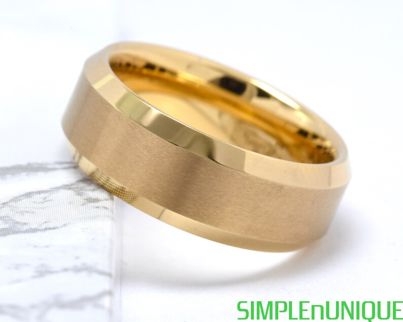 Mens Gold Wedding Band 8mm Gold Plated Tungsten Wedding Ring Men Personalized Custom Engraving Promise Ring Anniversary Ring Unique Gift