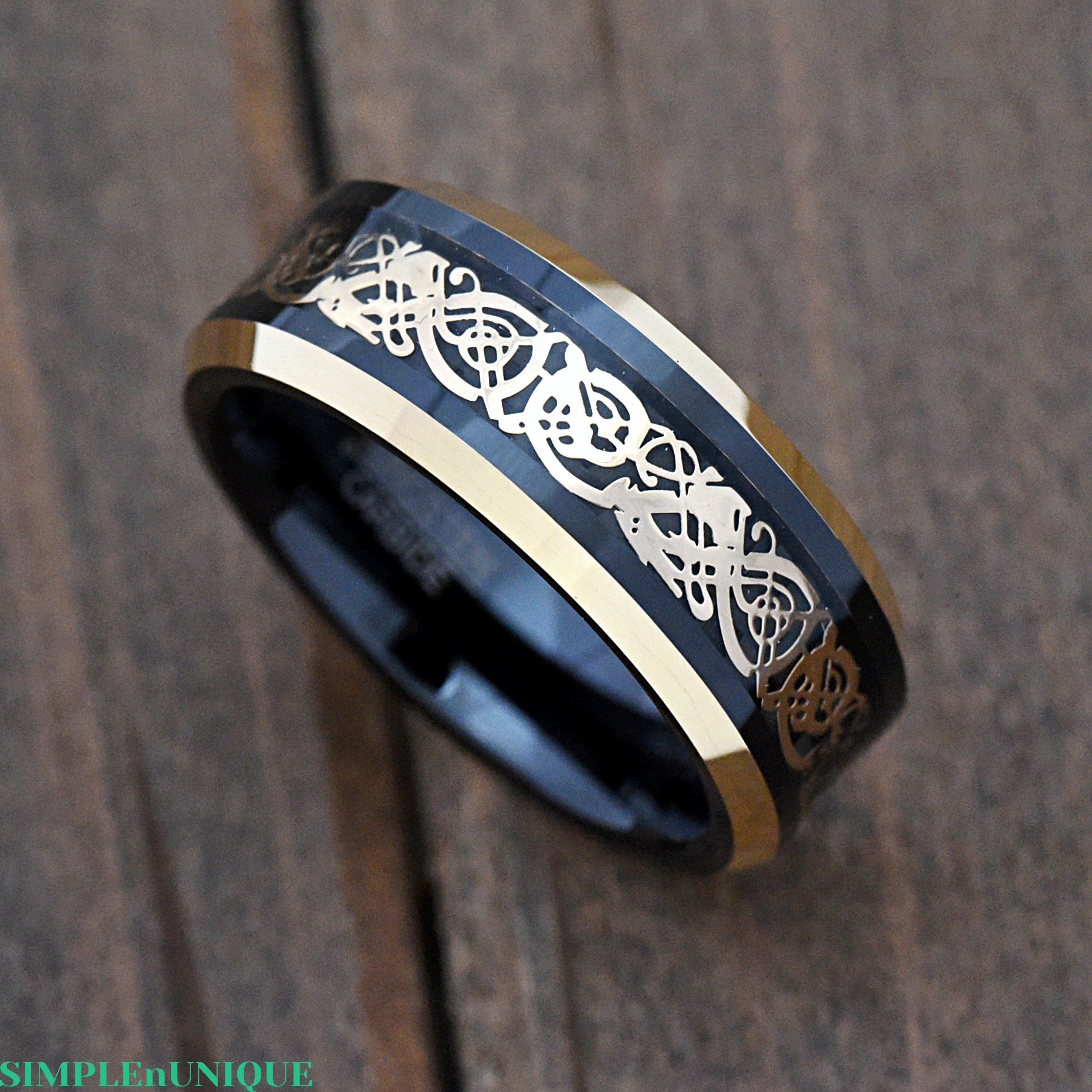 8mm - Mens Titanium Wedding Band. Irish Triquetra Ring. Black and Gold Celtic Knot Carbon Fiber Inlay
