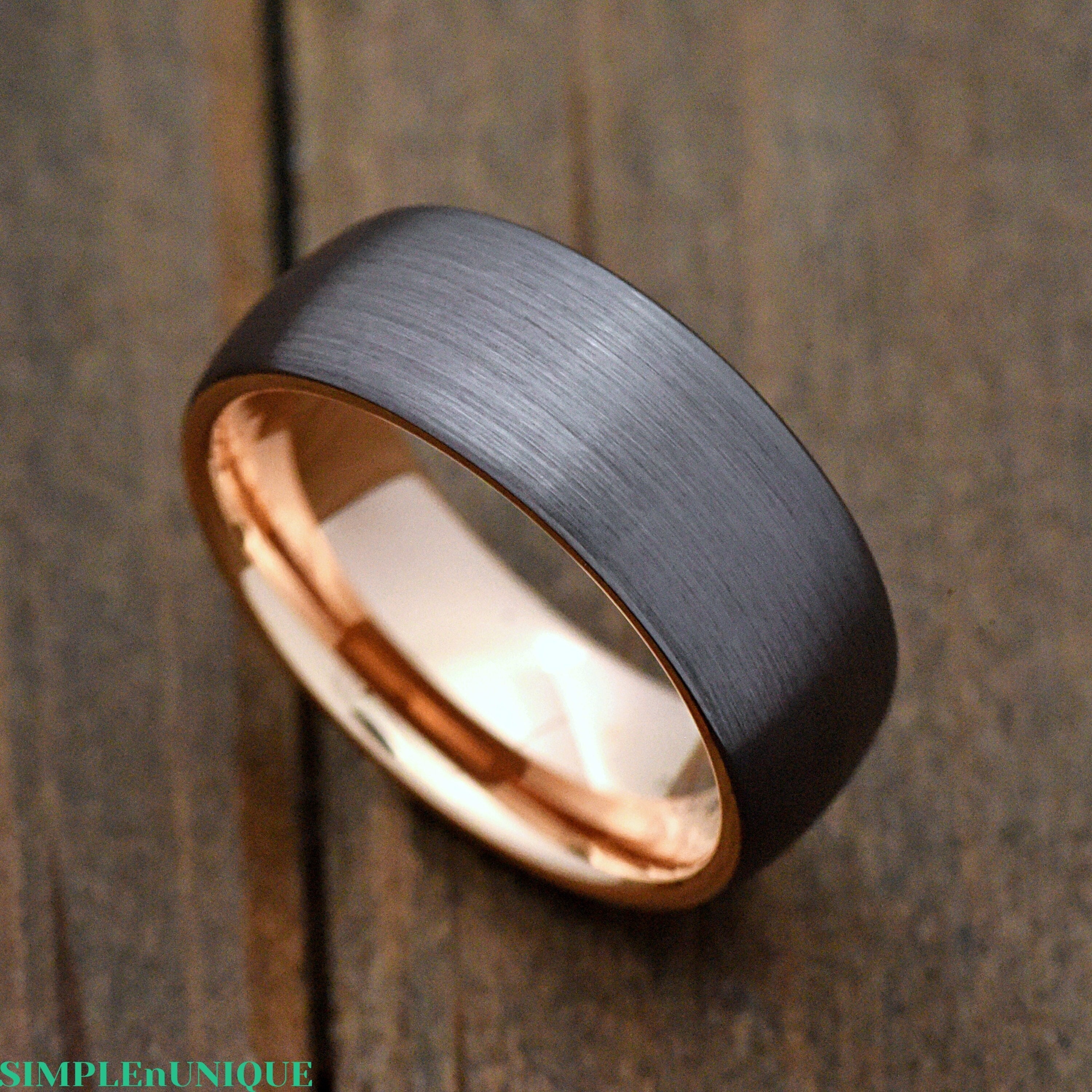 8mm Brushed Dome Brown Tungsten Carbide Ring, Rose Gold Plated Inside Tungsten Wedding Band Engraved, Anniversary Gift Comfort Fit