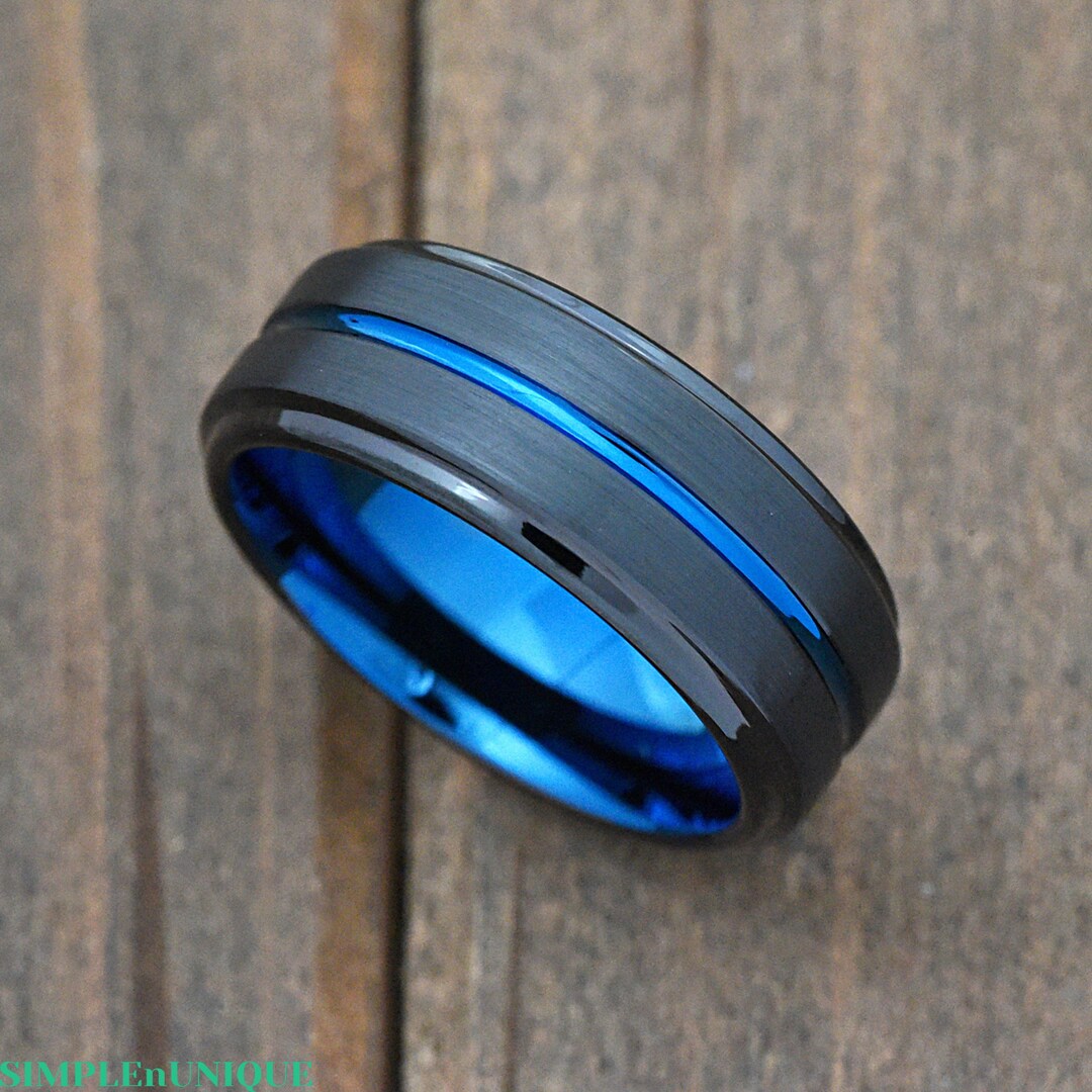 Brushed Matte Black Tungsten Carbide Ring Blue Ion Plated Etsy