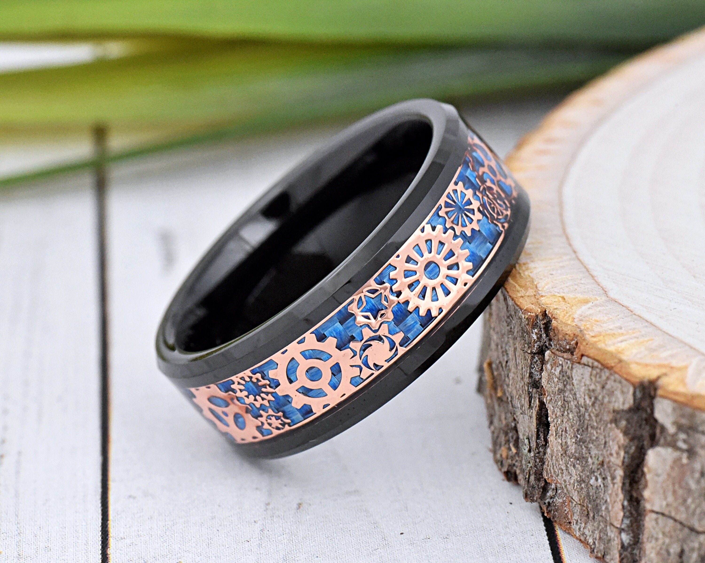 Alliance Tungstène Steampunk Engrenage Bleu - Bague Homme/Femme, Anti-Rayures, Cadeau Mariage
