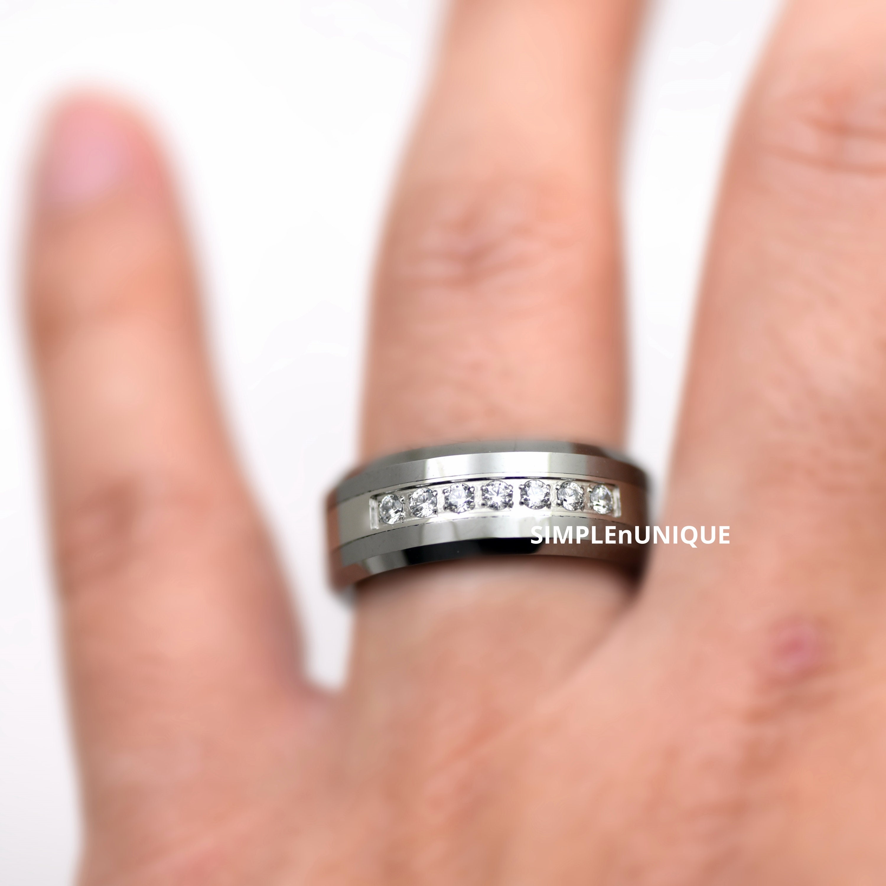 COL Circle Of Life Brushed Tungsten Carbide 7mm Wedding Band Ring – Silver With Cubic Zirconia