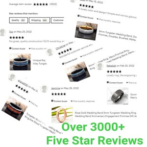 May include: A collection of customer reviews for tungsten wedding bands. The reviews highlight the quality, craftsmanship, and customer service of the products. The text includes the phrase "Over 3000+ Five Star Reviews".