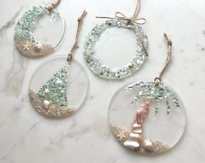 Beachy Glass Ornament: Real Sand and Shells, South Florida
