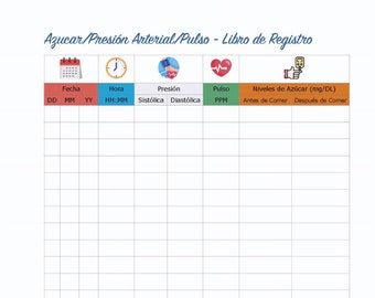 Libro de Registro (Journal) para la presion arterial, la glucosa en la sangre, y pulsos de corazon. Hipertension, Diabetes, Pulso.
