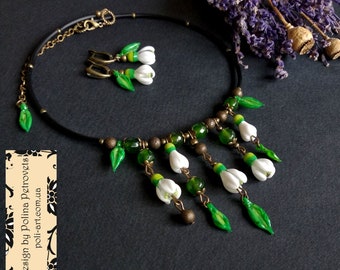 Snowdrops jewelry Flower Necklace Birth flower necklace Lampwork necklace Flower jewelry Beaded necklace Choker necklace Nature necklace
