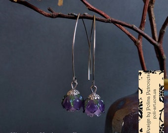 Purple earrings Bud flower earrings Drop earrings Extra long earrings Dangle earrings Lampwork glass earrings Statement Jewelry