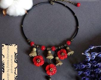 Poppy necklace Flower Necklace Poppy jewelry Lampwork necklace Flower jewelry Beaded necklace Choker necklace Nature necklace