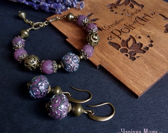 us Gemstone bracelet, Bracelet femme, Beaded bracelet, Crystal bracelet, Lampwork jewelry set, Glass bracelet, Glass earrings