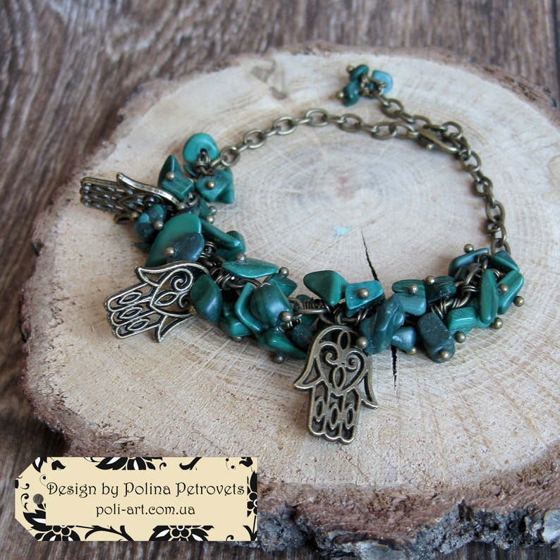 Hamsa Bracelet Malachite Khamsa Green Bracelet Humes hand Hand of Fatima bracelet Hand of miriam jewelry Hand of protection gemstone gift