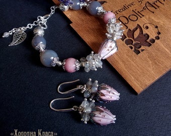 us Beaded bracelet, Gemstone bracelet, Crystal bracelet, Lampwork jewelry set, Glass bracelet, Glass earrings, Bracelet femme