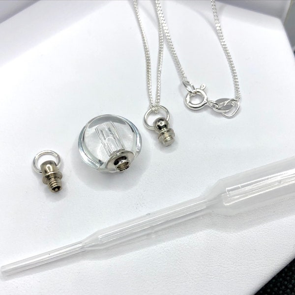 Small Circular Crystal Perfume/Essential Oil Pendant Vial With Vented & Sealed Screw Tops on 18-inch or 20-inch Sterling Silver Chain