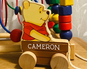 Personalised Wooden Pooh bear pull along toy, Winnie the Pooh Nursery, Pooh bear toddler toys, 1st birthday, Pretend play, UK FAST DELIVERY