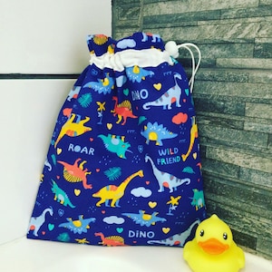 Waterproof Drawstring Bag: Blue Dinosaur Print, Toiletry Wet Bag