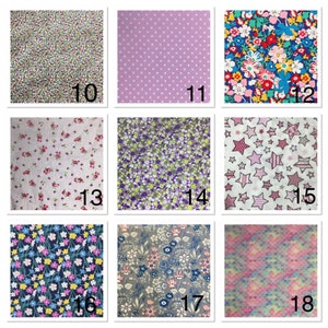 May include: A collage of 9 fabric swatches with different patterns, including floral, polka dot, and star designs. The swatches are numbered 10 through 18.