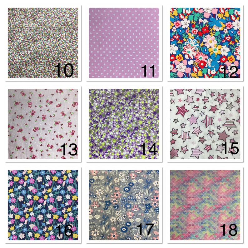 May include: A collage of 9 fabric swatches with different patterns, including floral, polka dot, and star designs. The swatches are numbered 10 through 18.