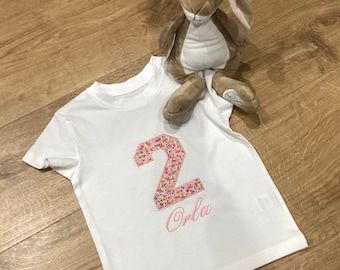 Personalised Organic Cotton Birthday T-Shirt: Appliqued Number, Embroidered Name
