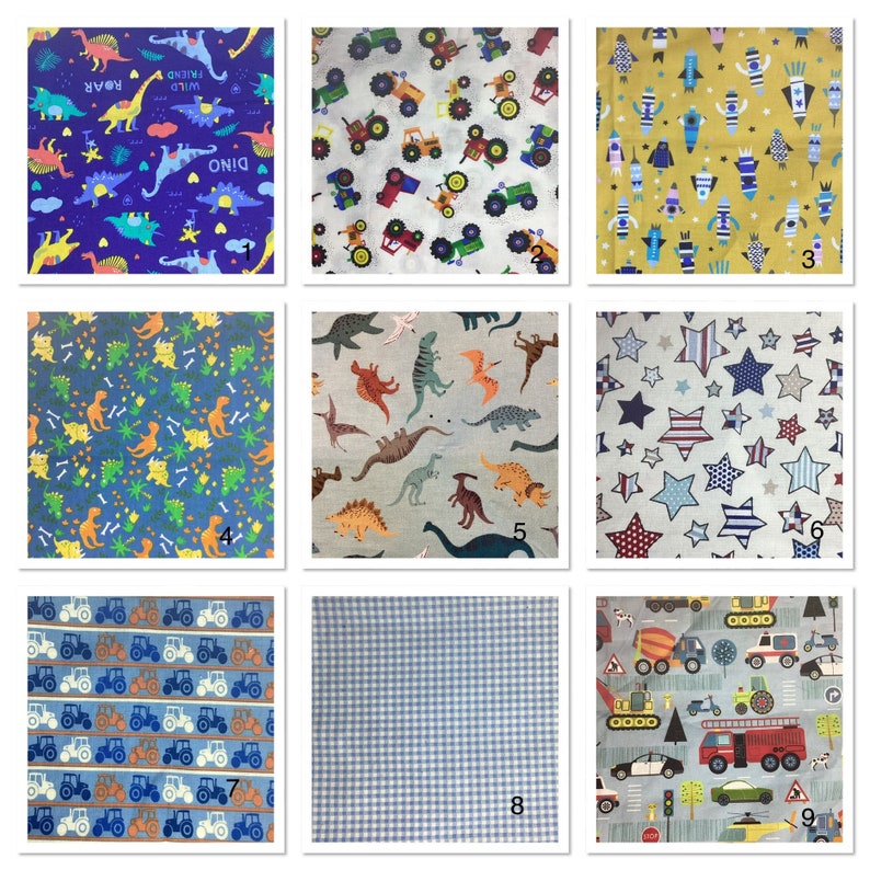 May include: Nine different fabric swatches with various patterns, including dinosaurs, tractors, stars, and trucks. The swatches are numbered 1 through 9.