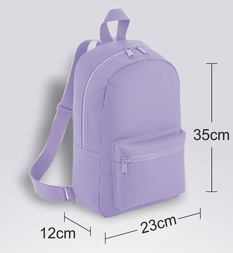 May include: A lavender-colored backpack with a zippered front pocket. The backpack measures 12 inches wide, 23 inches long, and 35 inches tall.