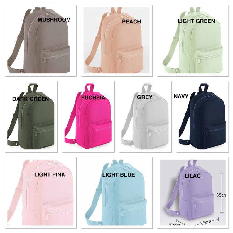 May include: A collage of 10 different colored backpacks. The backpacks are all the same style, with a single zippered compartment and a smaller zippered pocket on the front. The colors are: mushroom, peach, light green, dark green, fuchsia, grey, navy, light pink, light blue, and lilac.