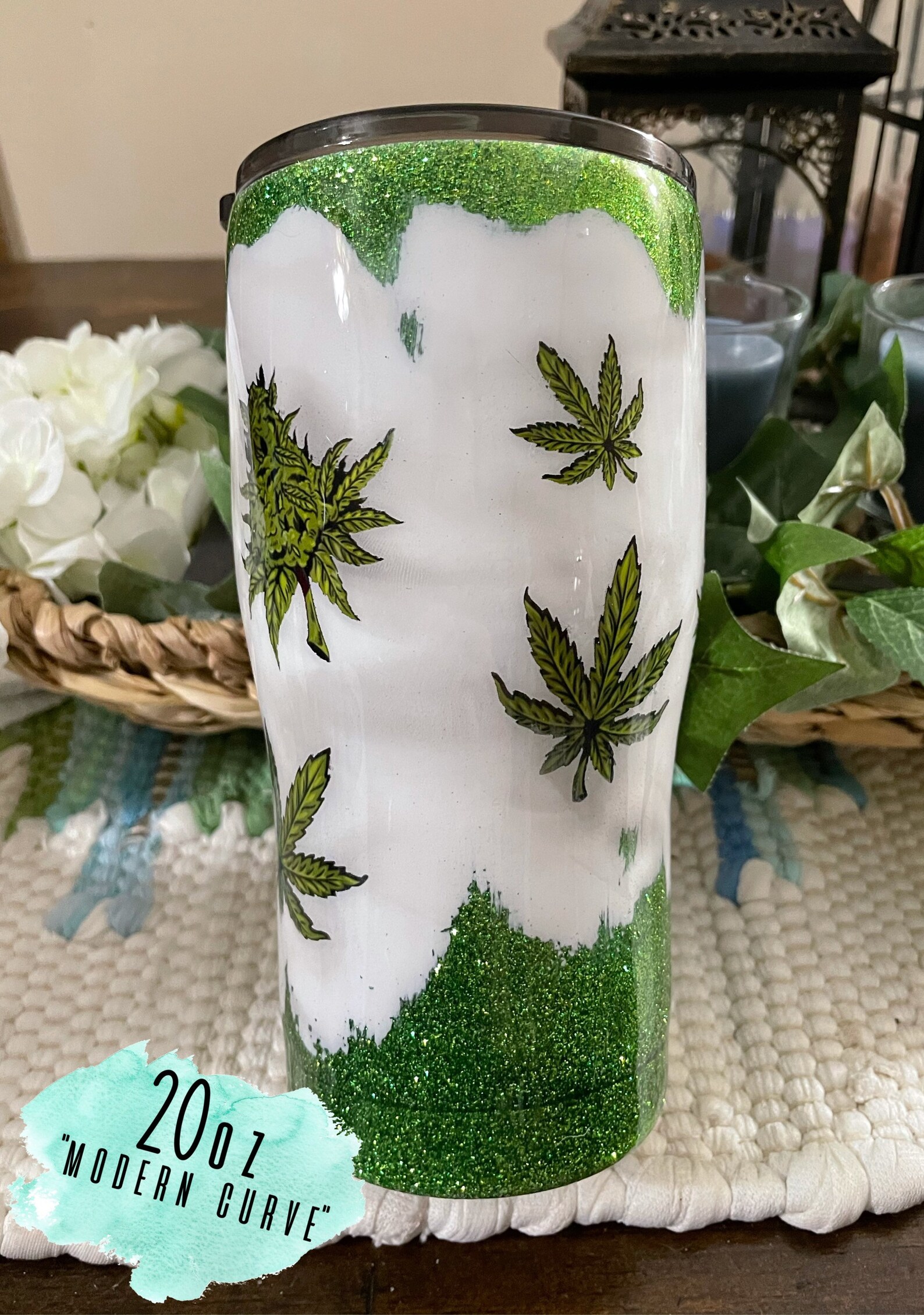 420 Marijuana Leaf Custom Tumbler Green Glitter Weed Etsy