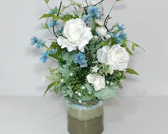 White Roses Blue Floral Kitchen Arrangement, Spring Summer Flowers Classic Centerpiece Ceramic Crock Vase, Handmade, Gift, Present, New
