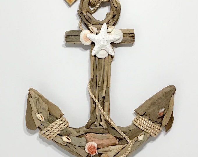 Large Driftwood Anchor Seashells Rope Nautical Decor, Front Door Wall