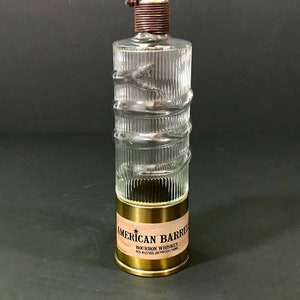 Vintage American Barrels Whiskey, Rattlesnake Wrapped Around Shotgun Shell Glass Bottle, Liquor Empty Novelty Decanter, Empty Glass Bottle
