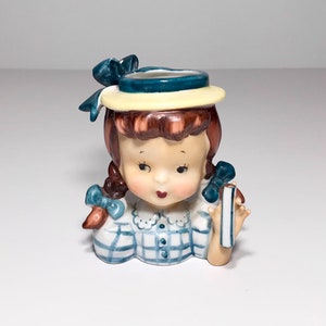 NAPCO Head Vase Girl Blue Checked Dress Hat Vintage Original, Collectible NAPCO Girl Head Vase Ceramic 4 1/2” Tall, Made in Japan, Gift