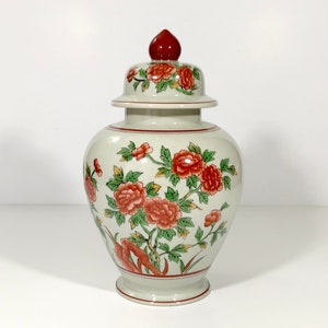 Vintage Ginger Jar Glazed Ceramic Pottery Vase, Hand Painted Orange Flowers, Ginger Jar 12” Tall, Marked on Bottom 9272, Gift, Present