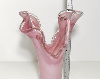 Murano Style Art Glass Pink Mauve Handkerchief Splash Stretch Vase, Clear Edge 16 1/4” Tall Vase, Novelty Art Glass Made in Italy, New