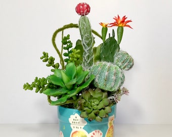 Artificial Blooming Cactus Faux Succulents Arrangement, Faux Cactus Ceramic Planter Centerpiece, Tall Planter Arrangement, Gift, Handmade
