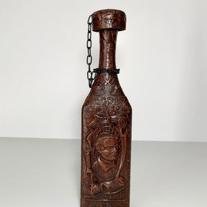 Vintage Sancho Panza, Don Quijote Brown Leather Covered Wrapped, Liquor Decanter Bottle Cork Stopper, 1970’s, Empty