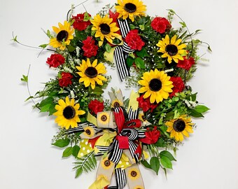 Large Bright Sunflower Grapevine Summer Wreath, Summer Door Wreath Wall Decoration Red Yellow Flowers Ribbon Bow, Present, Handmade, New