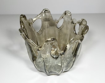 Murano Style Art Glass Free Form Splash Clear Smoke Gray Bowl Dish, Novelty Art Glass Stretch Splash Bowl, Made in Italy, Gift, Present, New
